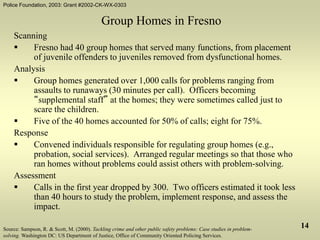 Police Foundation, 2003: Grant #2002-CK-WX-0303
14
Group Homes in Fresno
Scanning
 Fresno had 40 group homes that served many functions, from placement
of juvenile offenders to juveniles removed from dysfunctional homes.
Analysis
 Group homes generated over 1,000 calls for problems ranging from
assaults to runaways (30 minutes per call). Officers becoming
“supplemental staff” at the homes; they were sometimes called just to
scare the children.
 Five of the 40 homes accounted for 50% of calls; eight for 75%.
Response
 Convened individuals responsible for regulating group homes (e.g.,
probation, social services). Arranged regular meetings so that those who
ran homes without problems could assist others with problem-solving.
Assessment
 Calls in the first year dropped by 300. Two officers estimated it took less
than 40 hours to study the problem, implement response, and assess the
impact.
Source: Sampson, R. & Scott, M. (2000). Tackling crime and other public safety problems: Case studies in problem-
solving. Washington DC: US Department of Justice, Office of Community Oriented Policing Services.
 