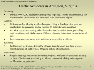 Police Foundation, 2003: Grant #2002-CK-WX-0303
16
Traffic Accidents in Arlington, Virginia
Scanning
 During 1999, 4,082 accidents were reported to police. Due to underreporting, the
actual number of accidents was estimated to be three times higher.
Analysis
 GIS was used to identify accident hotspots. Using a threshold of at least ten
accidents in the preceding twelve months, 49 hotspots were identified.
 Accident reports were analyzed to determine most prevalent times, prevailing
road conditions, and likely causes. Officers observed hotspots at various times of
day.
 Interviews were conducted with individuals involved in accidents.
Response
 Problem-solving training for traffic officers, installation of turn-lane arrows,
reconfiguration of light cycles. Ongoing at time of publication.
Assessment
 Regular meetings are held to determine progress. Officers are evaluated not only
on their effectiveness in reducing accidents, but on their ability to incorporate
problem-solving principles.
Source: Brito, C., & Gratto, E. (Eds.). (2000). Problem oriented policing: Crime-specific problems, critical issues, and making
POP work, vol. 3. Washington, DC: Police Executive Research Forum.
 