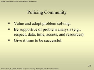 Police Foundation, 2003: Grant #2002-CK-WX-0303
24
Policing Community
 Value and adopt problem solving.
 Be supportive of problem analysis (e.g.,
respect, data, time, access, and resources).
 Give it time to be successful.
Source: Boba, R. (2003). Problem analysis in policing. Washington, DC: Police Foundation.
 