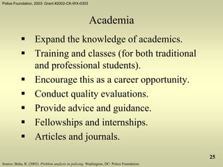 Police Foundation, 2003: Grant #2002-CK-WX-0303
25
Academia
 Expand the knowledge of academics.
 Training and classes (for both traditional
and professional students).
 Encourage this as a career opportunity.
 Conduct quality evaluations.
 Provide advice and guidance.
 Fellowships and internships.
 Articles and journals.
Source: Boba, R. (2003). Problem analysis in policing. Washington, DC: Police Foundation.
 