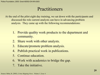 Police Foundation, 2003: Grant #2002-CK-WX-0303
29
Practitioners
At the end of the pilot eight day training, we sat down with the participants and
discussed the role current analysts can have in advancing problem
analysis. They came up with the following recommendations:
1. Provide quality work products to the department and
community.
2. Share work with other analysts.
3. Educate/promote problem analysis.
4. Publish practical work in publications.
5. Continue education.
6. Work with academics to bridge the gap.
7. Take the initiative.
Source: Boba, R. (2003). Crime Mapping News. Volume 5, Issue 4.
 
