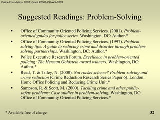 Police Foundation, 2003: Grant #2002-CK-WX-0303
32
Suggested Readings: Problem-Solving
 Office of Community Oriented Policing Services. (2001). Problem-
oriented guides for police series. Washington, DC: Author.*
 Office of Community Oriented Policing Services. (1997). Problem-
solving tips: A guide to reducing crime and disorder through problem-
solving partnerships. Washington, DC: Author.*
 Police Executive Research Forum. Excellence in problem-oriented
policing: The Herman Goldstein award winners. Washington, DC:
Author.*
 Read, T. & Tilley, N. (2000). Not rocket science? Problem-solving and
crime reduction (Crime Reduction Research Series Paper 6). London:
Home Office Policing and Reducing Crime Unit.*
 Sampson, R. & Scott, M. (2000). Tackling crime and other public-
safety problems: Case studies in problem-solving. Washington, DC:
Office of Community Oriented Policing Services.*
* Available free of charge.
 