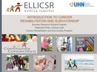 INTRODUCTION TO CANCER
REHABILITATION AND SURVIVORSHIP
Summer Research Student Program
Stephanie Phan, Clinical Lead
Cancer Rehabilitation and Survivorship Program
 