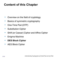 28/36 Understanding Cryptography by Christof Paar and Jan Pelzl
Content of this Chapter
• Overview on the field of cryptology
• Basics of symmetric cryptography
• One-Time Pad (OTP)
• Substitution Cipher
• Shift (or Caesar) Cipher and Affine Cipher
• Enigma Machine
• DES Block Cipher
• AES Block Cipher
 