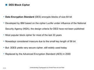 29/36 Understanding Cryptography by Christof Paar and Jan Pelzl
 DES Block Cipher
• Data Encryption Standard (DES) encrypts blocks of size 64 bit
• Developed by IBM based on the cipher Lucifer under influence of the National
Security Agency (NSA), the design criteria for DES have not been published
• Most popular block cipher for most of the last 30 years
• Nowadays considered insecure due to the small key length of 56 bit
• But: 3DES yields very secure cipher, still widely used today
• Replaced by the Advanced Encryption Standard (AES) in 2000
 