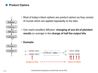 31/36 Understanding Cryptography by Christof Paar and Jan Pelzl
 Product Ciphers
• Most of today‘s block ciphers are product ciphers as they consist
of rounds which are applied repeatedly to the data
• Can reach excellent diffusion: changing of one bit of plaintext
results on average in the change of half the output bits
• Example:
 
