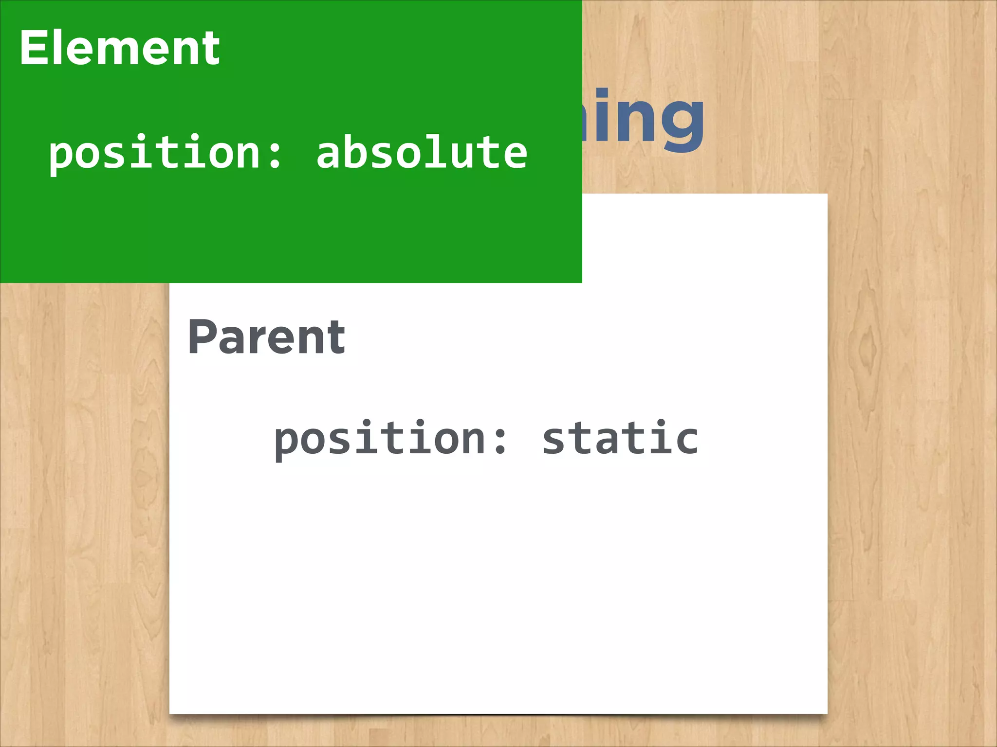 Positioning
Parent
Element
position:	
  absolute
position:	
  static
 