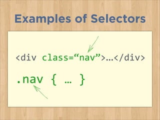 Examples of Selectors
<div	
  class=“nav”>…</div>	
  
.nav	
  {	
  …	
  }	
  
 