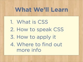 What We’ll Learn
1. What is CSS
2. How to speak CSS
3. How to apply it
4. Where to find out
more info
 