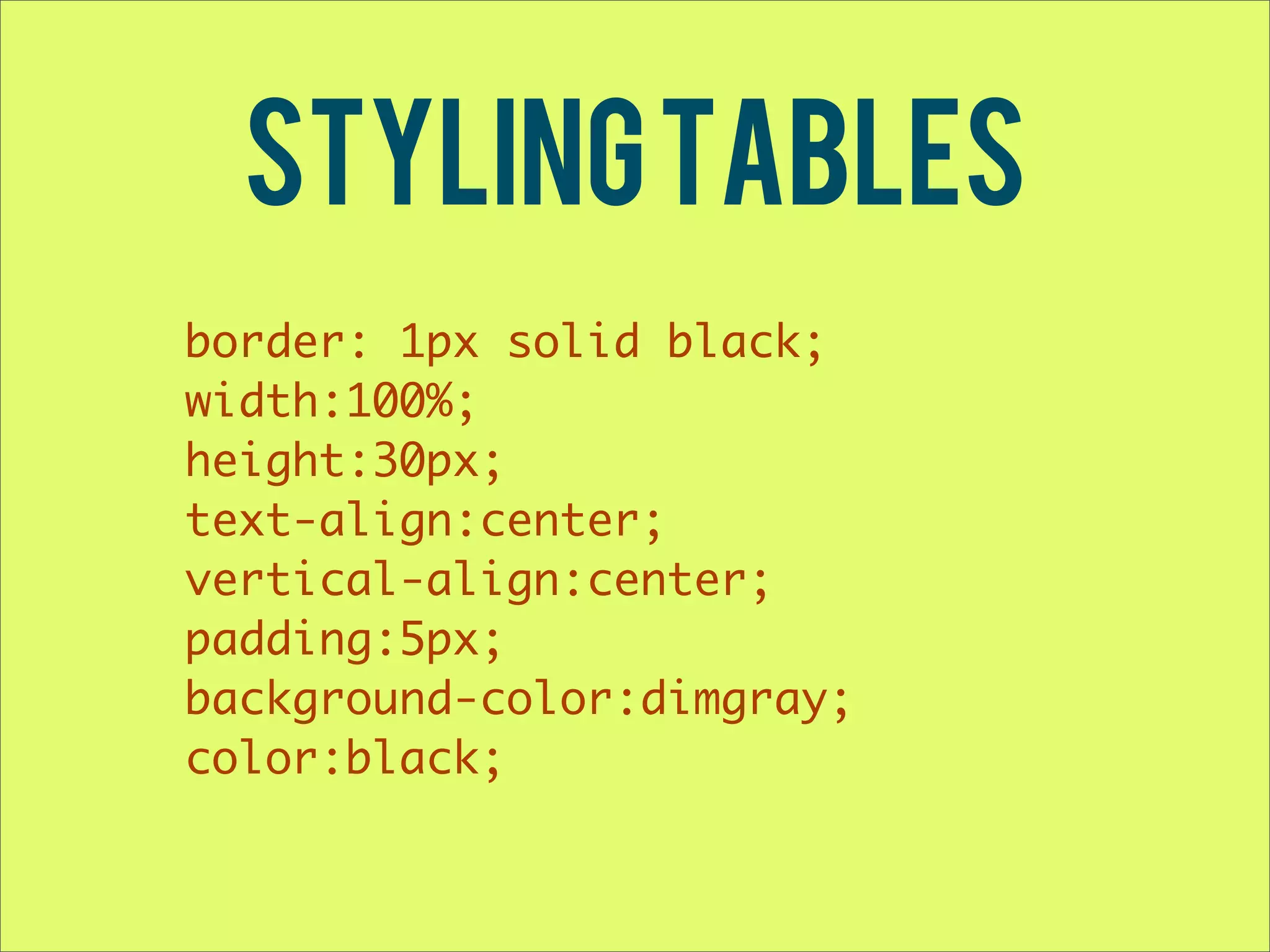 Styling tables border: 1px solid black; width:100%; height:30px; text-align:center; vertical-align:center; padding:5px; background-color:dimgray; color:black; 