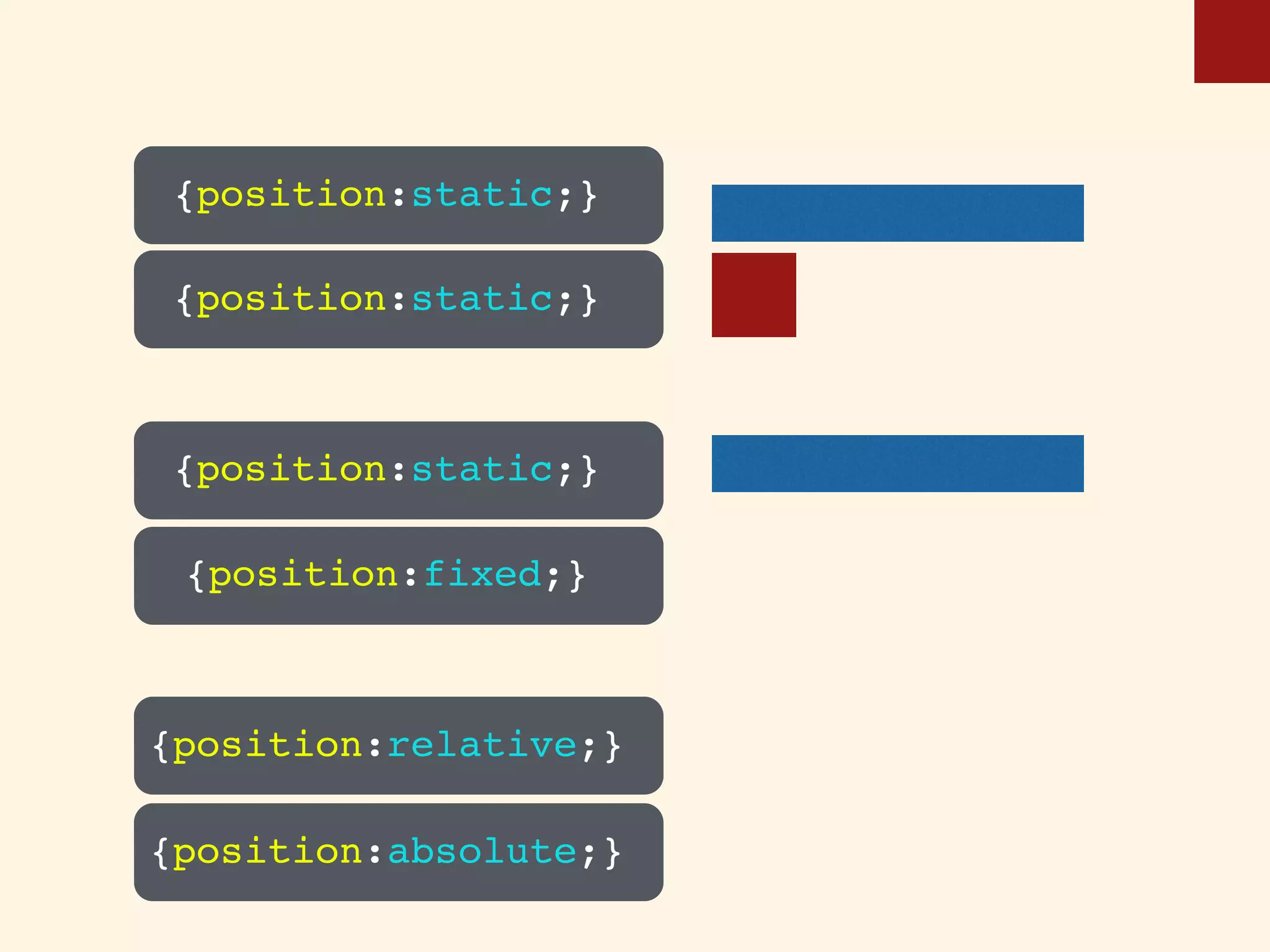 {position:relative;}
{position:absolute;}
{position:static;}
{position:static;}
{position:fixed;}
{position:static;}
 