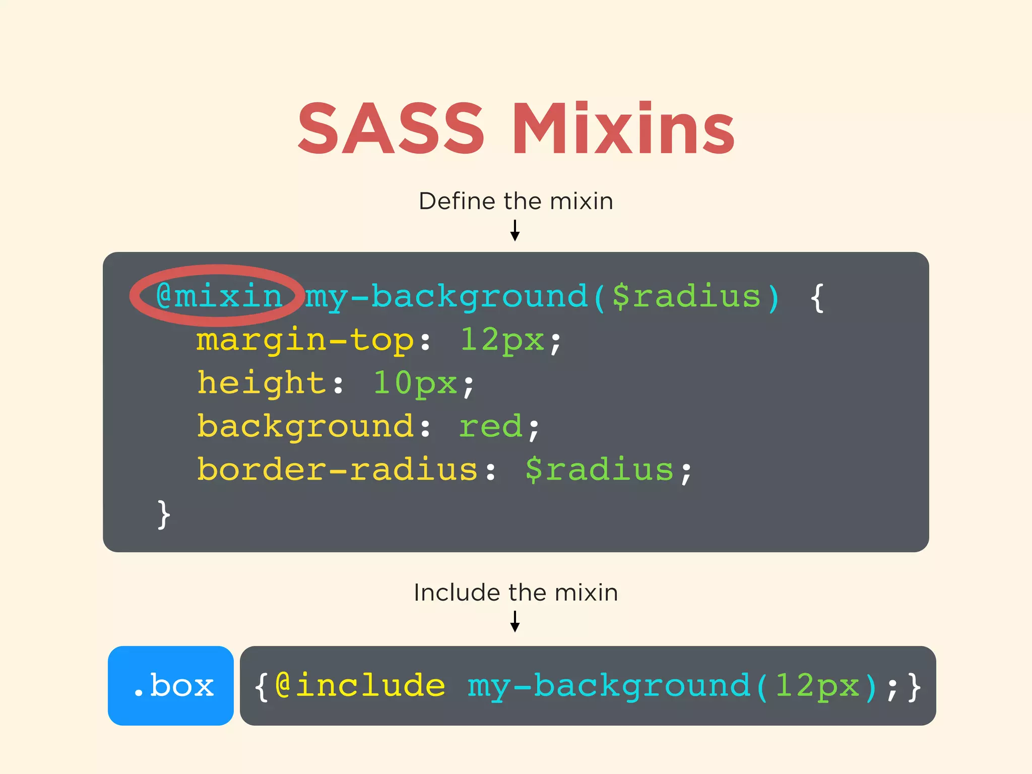 SASS Mixins
@mixin my-background($radius) {!
margin-top: 12px;!
height: 10px;!
background: red;!
border-radius: $radius;!
}
Deﬁne the mixin
.box {@include my-background(12px);}
Include the mixin
 