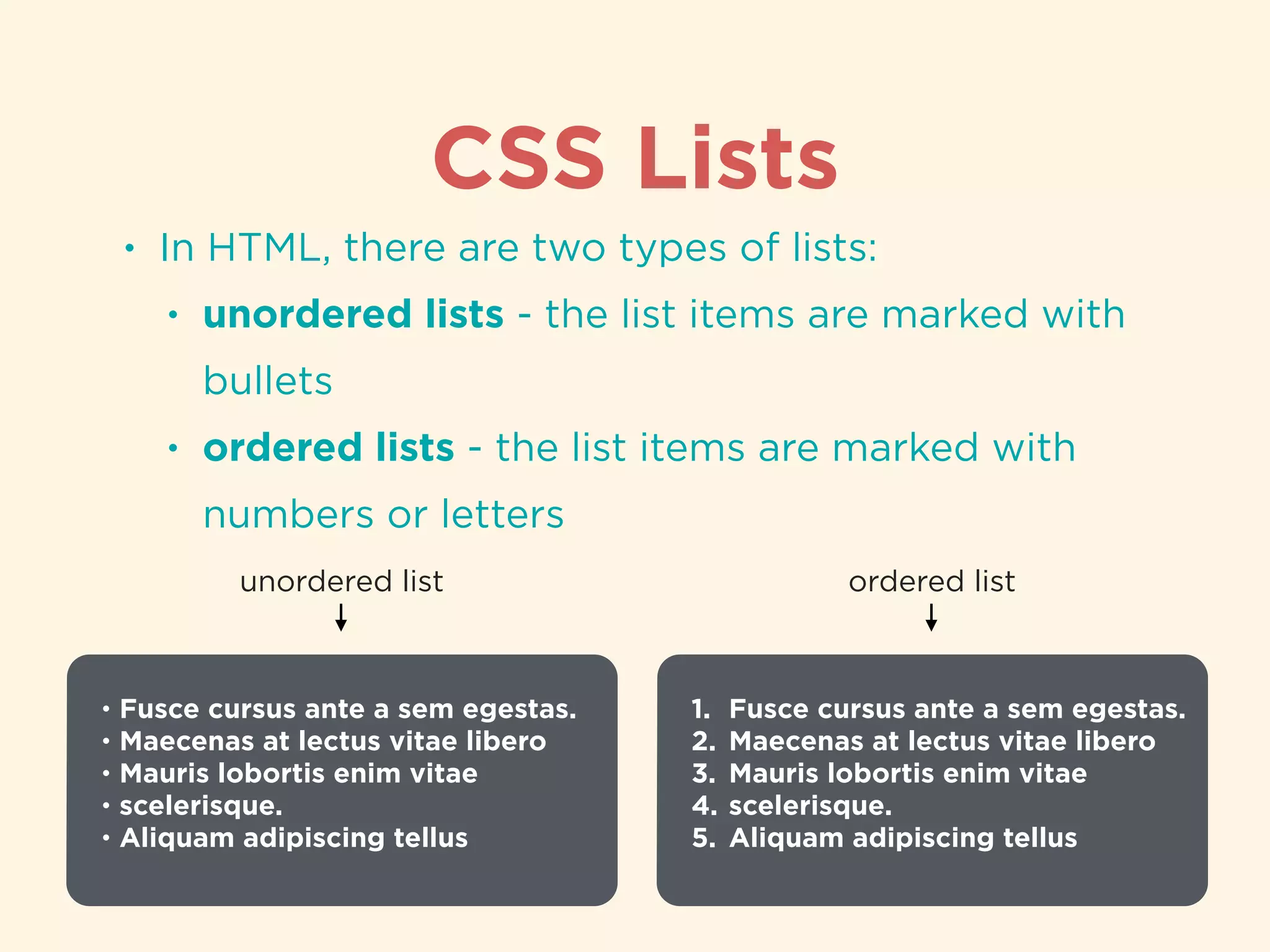 CSS Lists
• In HTML, there are two types of lists:
• unordered lists - the list items are marked with
bullets
• ordered lists - the list items are marked with
numbers or letters
• Fusce cursus ante a sem egestas.
• Maecenas at lectus vitae libero
• Mauris lobortis enim vitae
• scelerisque.
• Aliquam adipiscing tellus
unordered list
1. Fusce cursus ante a sem egestas.
2. Maecenas at lectus vitae libero
3. Mauris lobortis enim vitae
4. scelerisque.
5. Aliquam adipiscing tellus
ordered list
 