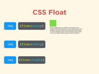 img {float:none;}
img {float:left;}
img {float:right;}
• Vivamus dignissim nunc eleifend, commodo mi sed,
aliquam ante. Donec id lacus eu lectus sollicitudin viverra.
Curabitur congue ultricies elit, at euismod mauris iaculis
at. Sed et dignissim ipsum. Quisque massa quam, lacinia
vel urna ac, dictum lobortis justo.“Donec et molestie
CSS Float
 