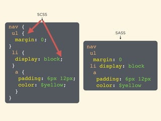 nav {!
ul {!
margin: 0;!
}!
li {!
display: block;!
}!
a {!
padding: 6px 12px;!
color: $yellow;!
}!
}
SCSS
nav!
ul!
margin: 0!
li display: block!
a!
padding: 6px 12px!
color: $yellow
SASS
 