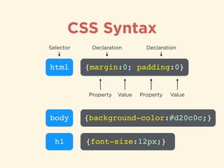 CSS Syntax
html
Selector
ValueValue PropertyProperty
{margin:0; padding:0}
Declaration Declaration
body {background-color:#d20c0c;}
h1 {font-size:12px;}
 