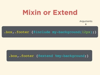 Mixin or Extend
.box,.footer {@include my-background(12px);}
Arguments
.box,.footer {@extend %my-background;}
 