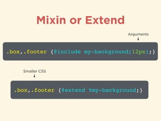 Mixin or Extend
.box,.footer {@include my-background(12px);}
Arguments
.box,.footer {@extend %my-background;}
Smaller CSS
 