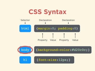 CSS Syntax
html
Selector
ValueValue PropertyProperty
{margin:0; padding:0}
Declaration Declaration
body {background-color:#d20c0c;}
h1 {font-size:12px;}
 