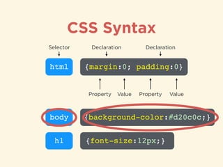 CSS Syntax
html
Selector
ValueValue PropertyProperty
{margin:0; padding:0}
Declaration Declaration
body {background-color:#d20c0c;}
h1 {font-size:12px;}
 
