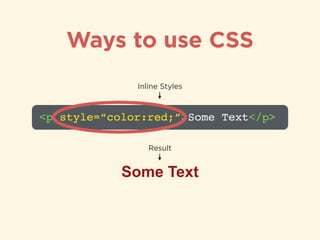 Ways to use CSS
<p style=“color:red;”>Some Text</p>
Inline Styles
Some Text
Result
 
