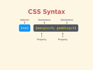 CSS Syntax
html
Selector
PropertyProperty
{margin:0; padding:0}
Declaration Declaration
 