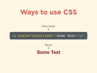 Ways to use CSS
<p style=“color:red;”>Some Text</p>
Inline Styles
Some Text
Result
 