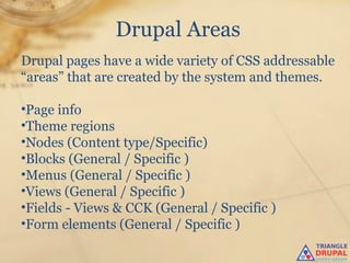 Drupal Areas
Drupal pages have a wide variety of CSS addressable
“areas” that are created by the system and themes.

•Page info
•Theme regions
•Nodes (Content type/Specific)
•Blocks (General / Specific )
•Menus (General / Specific )
•Views (General / Specific )
•Fields - Views & CCK (General / Specific )
•Form elements (General / Specific )
 