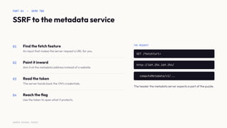 PART 04 — DEMO TWO
SSRF to the metadata service
01 Find the fetch feature
An input that makes the server request a URL for you.
02 Point it inward
Aim it at the metadata address instead of a website.
03 Read the token
The server hands back the VM's credentials.
04 Reach the ﬂag
Use the token to open what it protects.
THE REQUEST
GET /fetch?url=
http:./169.254.169.254/
computeMetadata/v1/...
The header the metadata server expects is part of the puzzle.
SURESH MICHAEL PEIRIS
 