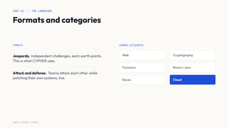 PART 01 — THE LANDSCAPE
Formats and categories
FORMATS
Jeopardy. Independent challenges, each worth points.
This is what CYPHER uses.
Attack and defense. Teams attack each other while
patching their own systems, live.
COMMON CATEGORIES
Web Cryptography
Forensics Binary / pwn
Recon Cloud
SURESH MICHAEL PEIRIS
 