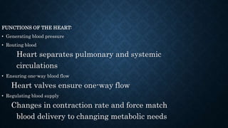 FUNCTIONS OF THE HEART:
• Generating blood pressure
• Routing blood
Heart separates pulmonary and systemic
circulations
• Ensuring one-way blood flow
Heart valves ensure one-way flow
• Regulating blood supply
Changes in contraction rate and force match
blood delivery to changing metabolic needs
 