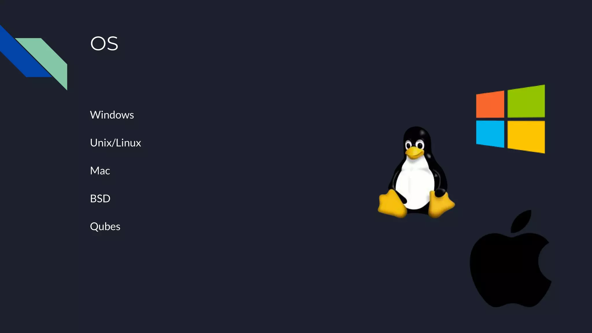 OS
Windows
Unix/Linux
Mac
BSD
Qubes
 