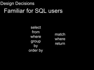Design Decisions
Familiar for SQL users
select
from
where
group
by
order by
match
where
return
 