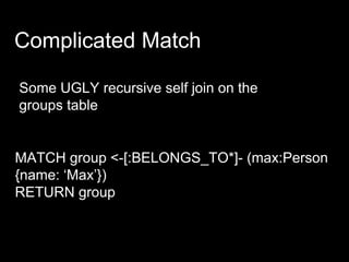 Complicated Match
Some UGLY recursive self join on the
groups table
MATCH group <-[:BELONGS_TO*]- (max:Person
{name: ‘Max’})
RETURN group
 