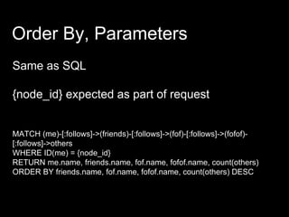 Order By, Parameters
Same as SQL
{node_id} expected as part of request
MATCH (me)-[:follows]->(friends)-[:follows]->(fof)-...