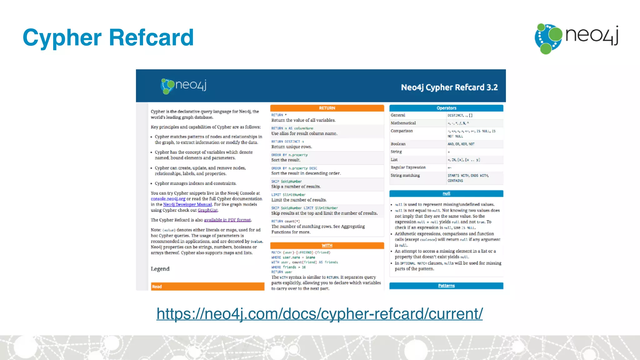 Cypher Refcard
https://neo4j.com/docs/cypher-refcard/current/
 