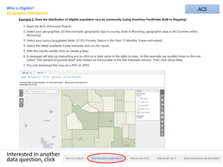 22
Who is Eligible?
Geographic Distribution
Interested in another
data question, click
ACS
 