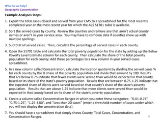 Who do we help?
Geographic Concentration
Example Analyses Steps:
1. Export the total cases closed and served from your CMS to a spreadsheet for the most recently
completed year or the most recent year for which the ACS S1701 table is available.
2. Sort the served cases by county. Review the counties and remove any that aren’t actual county
names or aren’t in your service area. You may have to combine data if counties show up with
multiple spellings.
3. Subtotal all served cases. Then, calculate the percentage of served cases in each county.
4. Open the S1701 table and calculate the total poverty population for the state by adding up the Below
Poverty Level Estimate column for each county. Then calculate the share of the total poverty
population for each county. Add these percentages to a new column in your served cases
spreadsheet.
5. In a new column called Concentration, calculate the location quotient by dividing the served cases %
for each county by the % share of the poverty population and divide that amount by 100. Results
that are below 0.75 indicate that fewer clients were served than would be expected in that county
based on its share of the state’s poverty population. Results that are between 0.75-1.25 indicate that
the expected share of clients were served based on that county’s share of the state’s poverty
population. Results that are above 1.25 indicate that more clients were served than would be
expected in that county based on its share of the state’s poverty population.
6. Create a column called Concentration Ranges in which you enter these categories: “0.01-0.74”,
“0.75-1.25”, “1.25-3.00”, and “Less than 20 cases” (enter a threshold number of cases under which
you will not display the concentration data).
7. You should have a spreadsheet that simply shows County, Total Cases, Concentration, and
Concentration Ranges. 29
 