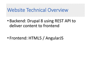 Website Technical Overview
•Backend: Drupal 8 using REST API to
deliver content to frontend
•Frontend: HTML5 / AngularJS
 