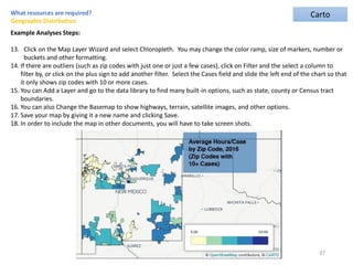Example Analyses Steps:
13. Click on the Map Layer Wizard and select Chloropleth. You may change the color ramp, size of markers, number or
buckets and other formatting.
14. If there are outliers (such as zip codes with just one or just a few cases), click on Filter and the select a column to
filter by, or click on the plus sign to add another filter. Select the Cases field and slide the left end of the chart so that
it only shows zip codes with 10 or more cases.
15. You can Add a Layer and go to the data library to find many built-in options, such as state, county or Census tract
boundaries.
16. You can also Change the Basemap to show highways, terrain, satellite images, and other options.
17. Save your map by giving it a new name and clicking Save.
18. In order to include the map in other documents, you will have to take screen shots.
37
What resources are required?
Geographic Distribution
Carto
 