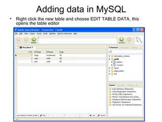 Adding data in MySQL Right click the new table and choose EDIT TABLE DATA, this opens the table editor 