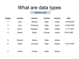 What are data types Address table kildare Male Couper Tristan 7 01/01/1987 kildare Male Connolly Aidan 6 kildare Male Clarke Richard 5 13/07/1980 meath Female Griffin Sheila 4 11/11/1977 meath Male Meagher David  3 01/05/1978 dublin Male O'Sullivan John 2 31/05/1972 dublin Male Murphy John 1 date varchar varchar varchar varchar integer 