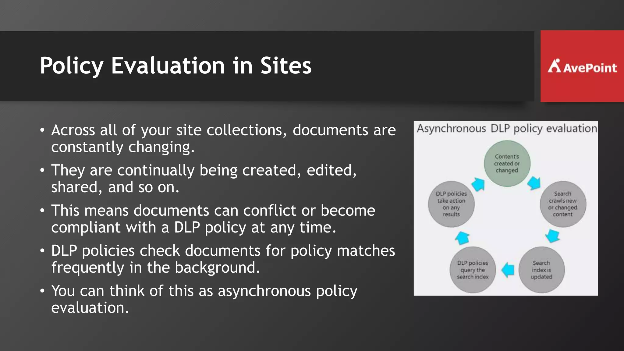 Policy Evaluation in Sites
• Across all of your site collections, documents are
constantly changing.
• They are continually being created, edited,
shared, and so on.
• This means documents can conflict or become
compliant with a DLP policy at any time.
• DLP policies check documents for policy matches
frequently in the background.
• You can think of this as asynchronous policy
evaluation.
 