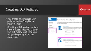 Creating DLP Policies
• You create and manage DLP
policies in the Compliance
Policy Center.
• Creating a DLP policy is a two-
step process: first you create
the DLP policy, and then you
assign the policy to a site
collection.
 