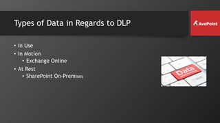 Types of Data in Regards to DLP
• In Use
• In Motion
• Exchange Online
• At Rest
• SharePoint On-Premises
 