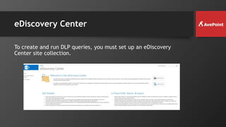eDiscovery Center
To create and run DLP queries, you must set up an eDiscovery
Center site collection.
 