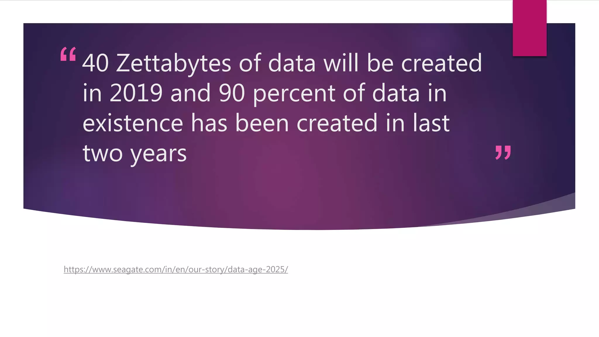 “
”
40 Zettabytes of data will be created
in 2019 and 90 percent of data in
existence has been created in last
two years
https://www.seagate.com/in/en/our-story/data-age-2025/
 
