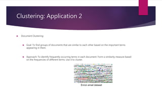 Clustering: Application 2
 Document Clustering:
 Goal: To find groups of documents that are similar to each other based on the important terms
appearing in them.
 Approach: To identify frequently occurring terms in each document. Form a similarity measure based
on the frequencies of different terms. Use it to cluster.
Enron email dataset
 