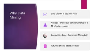 Why Data
Mining
Data Growth in past few years
Average Fortune 500 company manages a
TB of data everyday
Competitive Edge , Remember Moneyball?
Future is of data based products
 