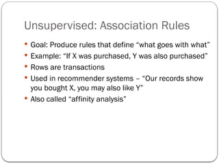 Unsupervised: Association Rules
 Goal: Produce rules that define “what goes with what”
 Example: “If X was purchased, Y was also purchased”
 Rows are transactions
 Used in recommender systems – “Our records show
you bought X, you may also like Y”
 Also called “affinity analysis”
 